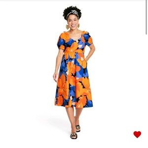 Tabitha Brown x Target Women's Floral Print Puff Sleeve Tie-Back Midi Dress